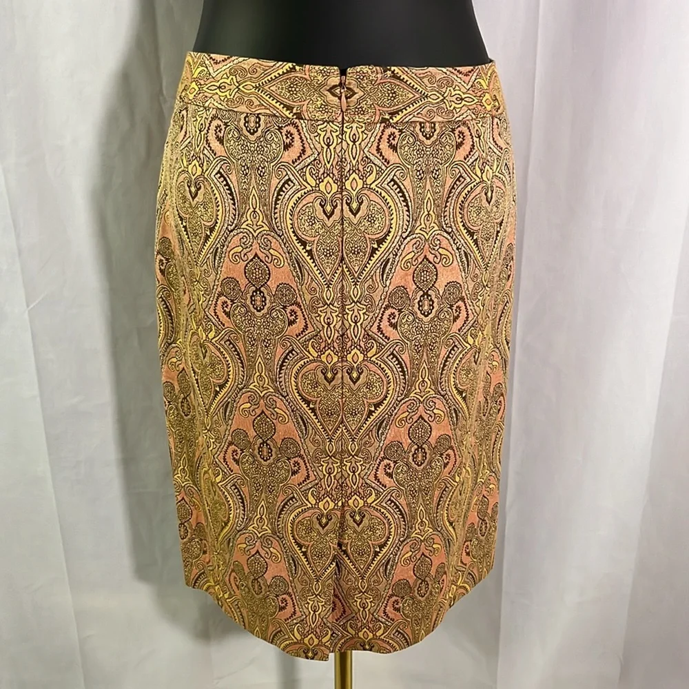 Talbots Pink Yellow & Metallic Gold Jacquard Print Silk Blend Pencil Skirt
